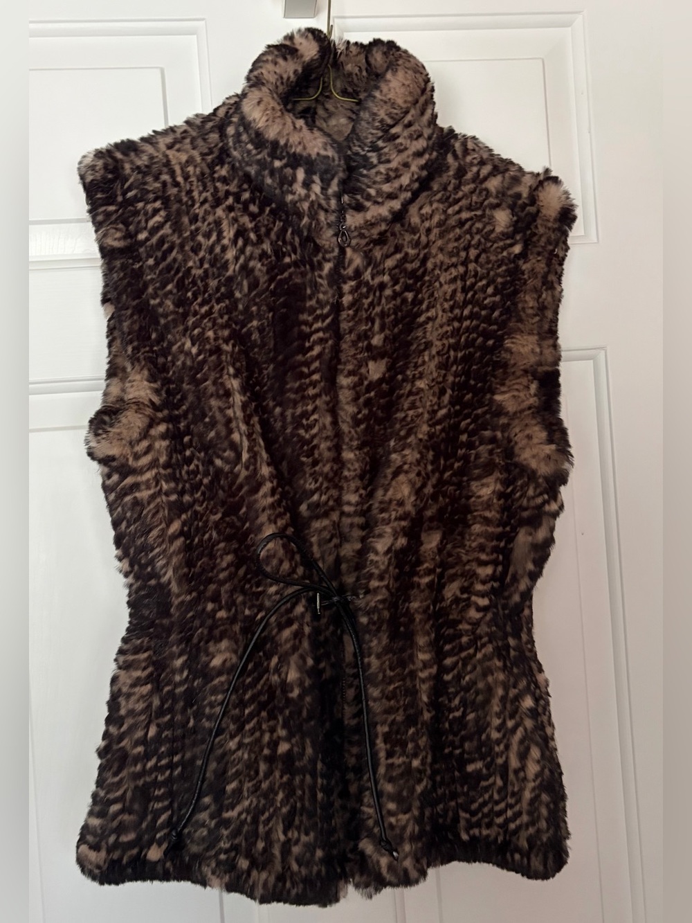 Love Token Brown Patterned Faux Fur Drawstring Vest